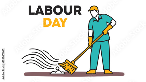 Labour Day illustration: A worker dressed in appropriate work attire cleans the ground in celebration of Labour Day.