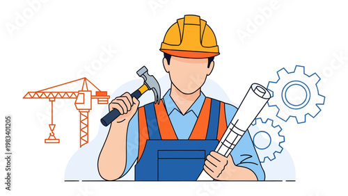 Construction Professional: A construction worker is depicted, holding blueprint and hammer, ready for the building project, with a crane in the background.