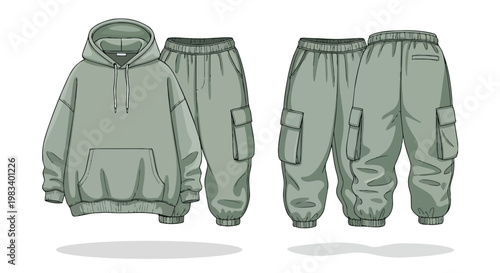 An original vector illustration showcasing a comfortable oversized hooded sweatshirt paired with versatile cargo jogger pants, rendered in a subdued
