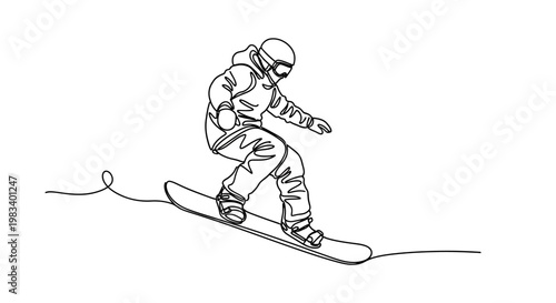 A single line drawing of a snowboarder in action on a white background