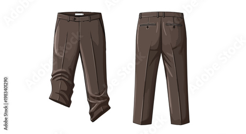 Front and back illustration of tailored brown men's trousers, highlighting garment construction and classic style. Perfect for fashion design