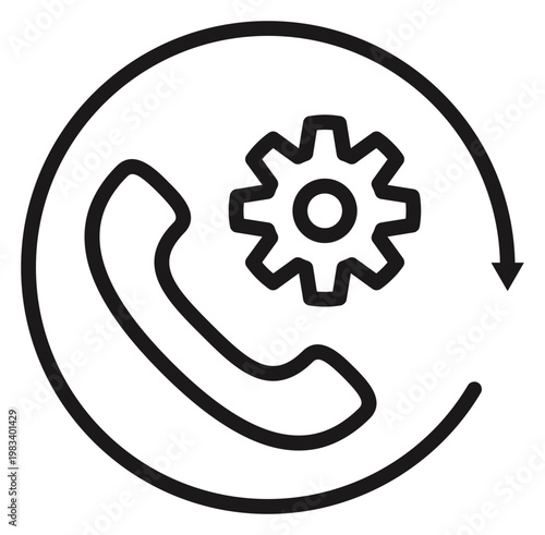 Photos Dark stroke graphic of a receiver combined with a mechanical cog and rotating loop, signifying telecommunication adjustments, helpdesk assistance, line maintenance, and system updates