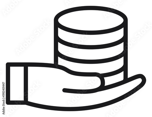 Slika na platnu Minimalist black vector icon of a human hand holding a stack of coins, symbolizing finance, savings, investment, wealth management, and banking
