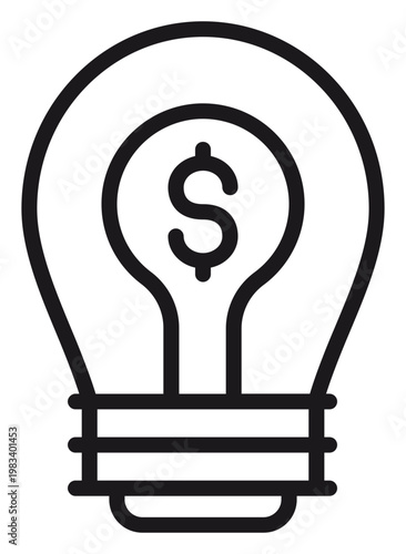 Canvas-taulu Black line art vector icon of a light bulb with a dollar sign inside, representing a business idea, financial innovation, investment concept, and creative money-making solutions, isolated