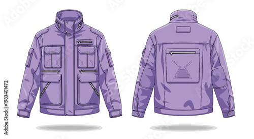 A highly stylized, vibrant purple utility jacket displayed in detailed front and back views, showcasing an abundance of functional pockets and a