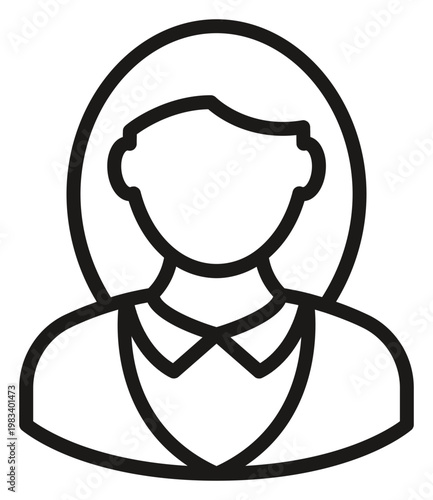 Minimalist black line vector icon of a professional woman with shoulder-length hair wearing a collared business shirt, clean female user profile avatar illustration for web and mobile interface.