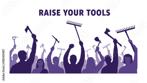 Raising Tools for Garden: A silhouette group, proudly raising various gardening tools, embodies the spirit of dedication to garden. A call to action. 