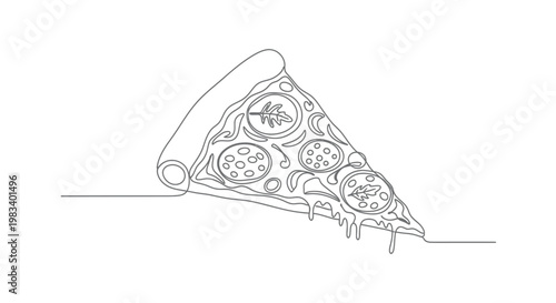 Single line drawing of a slice of pizza with melted cheese and toppings