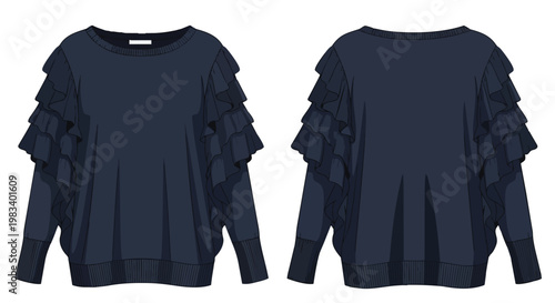 Contemporary women's navy blue long-sleeve top showcasing elegant tiered ruffles on the arms, presented in clear front and back views for modern