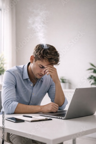 tired man working on laptop holding head, stress and burnout concept at home office.
