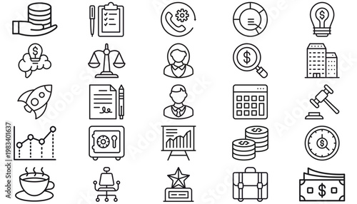 Business and Finance Vector Icon Set: 25 Minimalist Black Line Icons including Money, Law, Office, Technology, and Professional Avatars for Web, Mobile, and Corporate Graphic Design Projects.