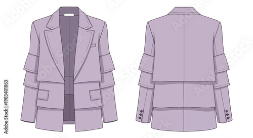 A fashion-forward lavender blazer technical drawing featuring distinctive tiered layering on the sleeves and lower body presenting a modern and