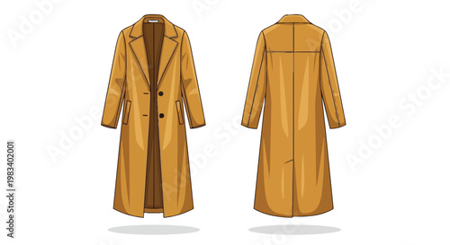 Detailed vector illustration showcasing a chic long camel coat from both front and back perspectives perfect for fashion design templates and