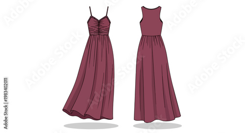 Fashion technical flat sketch of a women's elegant maxi dress featuring delicate spaghetti straps and a gracefully ruched bodice, front and back