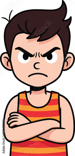 Angry boy with crossed arms vector illustration featuring stubborn child with serious expression cartoon character isolated design