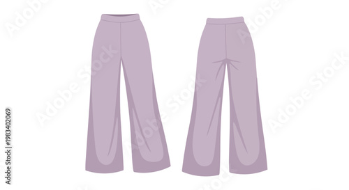 A detailed illustration of elegant flowing wide-leg trousers in a gentle lilac hue, displaying both front and back views for versatile fashion