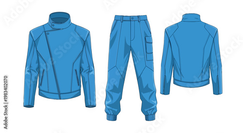 A complete modern ensemble featuring a striking blue asymmetric zipper jacket and versatile tactical cargo pants presented with front and back views
