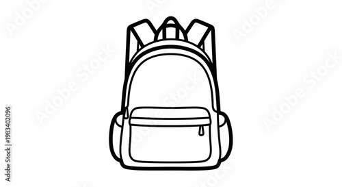 Simple black and white line art of a backpack with straps and a front pocket