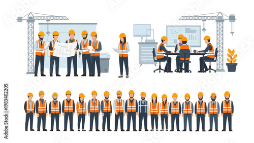Construction Crew at Work: A collection of construction workers are illustrated at various stages of their work, from planning to execution.