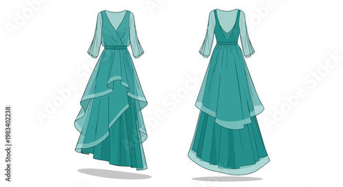 Elegant flowing teal gown fashion illustration with front and back views displaying graceful tiered skirt and delicate sleeves, perfect for stylish