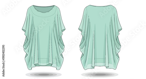 Elegant mint green loose-fitting garment technical flat drawing showcasing contemporary relaxed women's fashion design, ideal for casual and