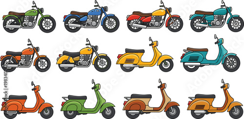 Motorbikes set, Motorcycle Scooter Icon Set Transport Bike Collection Delivery Vehicle Vector Illustration