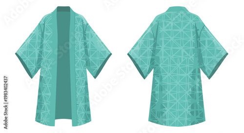 Distinctive teal geometric patterned kimono style robe presented in both front and back views showcasing its unique design and vibrant color for