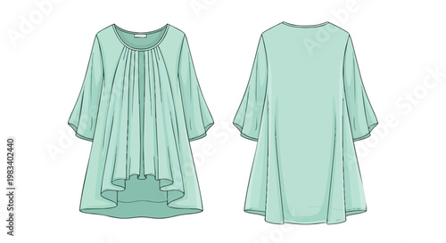 Elegant mint green flowing tunic top garment flat sketch displaying versatile feminine apparel design front and back views for fashion illustration
