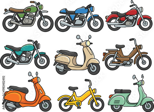 Motorbikes set, Motorcycle Scooter Icon Set Transport Bike Collection Delivery Vehicle Vector Illustration