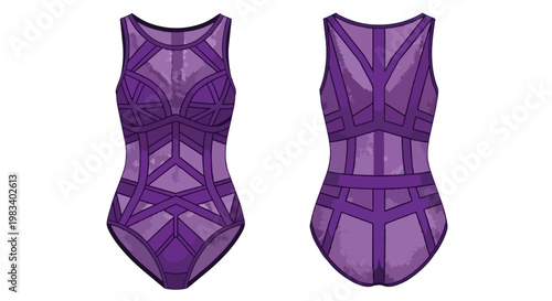 A striking violet geometric design, a modern sleeveless one-piece fashion garment, intricately detailed with sheer panels, presented in front and