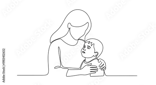 Single line drawing of a mother embracing her child tenderly