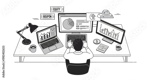 Businessman working on computer with multiple screens and office supplies illustration