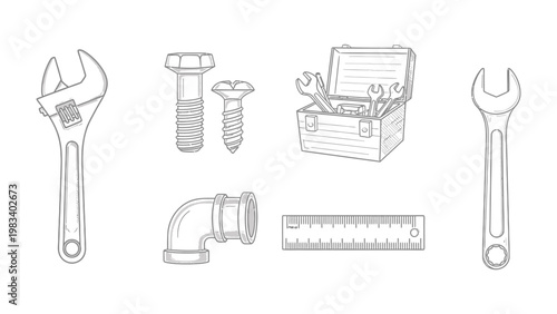 Toolbox and Various Tools: A detailed line drawing of a toolbox and an assortment of essential tools, symbolizing repair and construction. A simple visual of construction equipment.