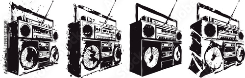 retro boombox silhouette set with vintage cassette player and radio design elements