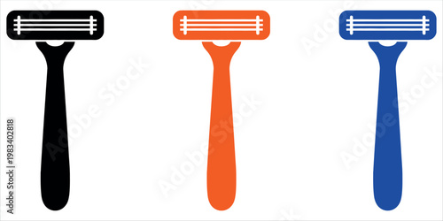 Minimalist and clean image featuring three modern disposable razors in black, orange, and blue. Ideal for grooming, hygiene, beauty, and personal care marketing materials.