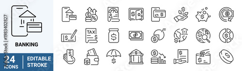 Banking web icons in line style. Bank, income, atm, money, payment, collection. Vector illustration.