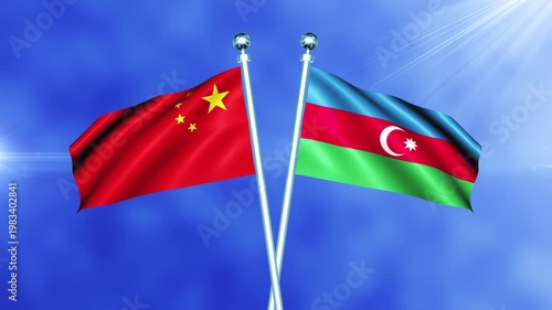 China and Azerbaijan Flag Waving On Pole Loop