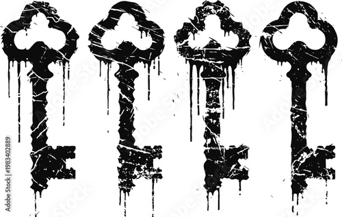 Four vintage keys silhouettes with distressed texture old rustic metal keys design set on white background