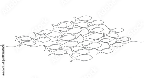 Continuous line drawing of a school of fish swimming together