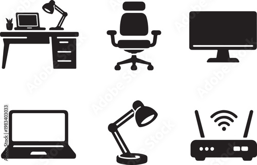 ai home office silhouette desk chair monitor laptop lamp router workspace bundle