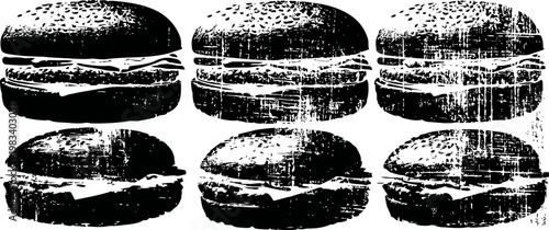 grunge black and white burger icons set with various sandwich and burger designs