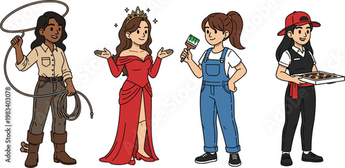 Women professions vector illustration featuring cowgirl actress painter and waitress female characters in different jobs isolated design set
