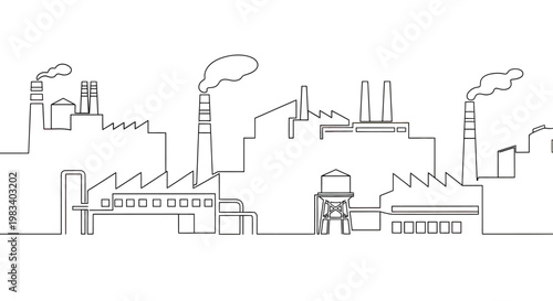 Minimalist line drawing of a sprawling industrial factory complex with chimneys