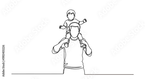 Minimalist line art shows adult carrying child on shoulders
