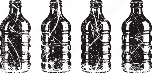 worn vintage glass bottles silhouettes with textured scratch marks isolated on white background
