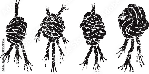 various types of tied knots on frayed ropes rope knots texture, detailed hand drawn vector set for sailing, climbing, or crafts