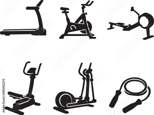 cardio fitness equipment silhouette treadmill bike rowing elliptical jump rope vector icon set
