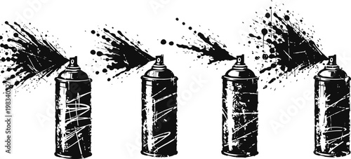 spray paint cans releasing aerosol mist in black and white grunge set
