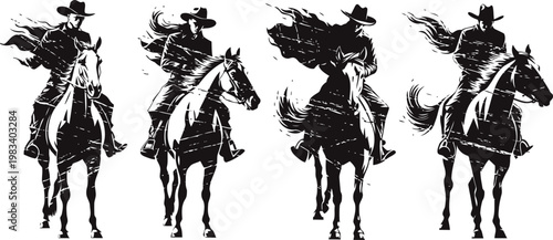 Cowboy silhouette riding horse set wild west character with hat and flowing coat galloping