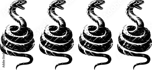 vintage illustration of coiled rattlesnake with raised head and open mouth, symbol of caution and defense